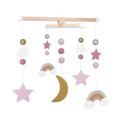 Holz Mobile - Regenbogen, Sterne & Wolken Rosa Weiß Gold Von JaBaDaBaDo